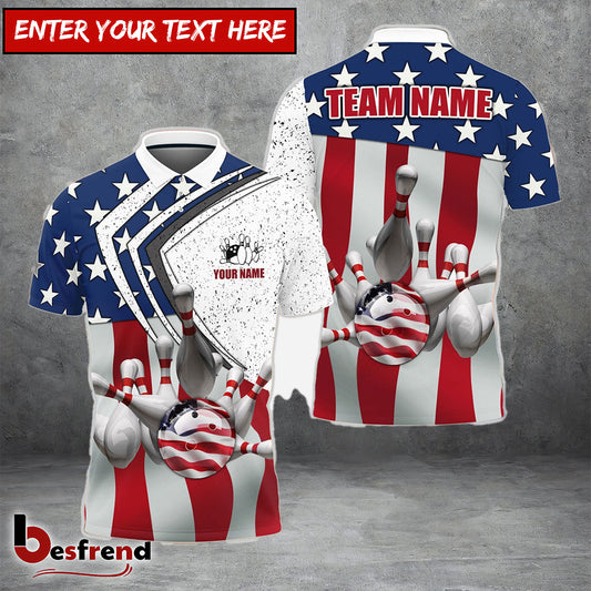 Besfrend Bowling and Pins Lightning American Flag Personalized Name 3D Shirt