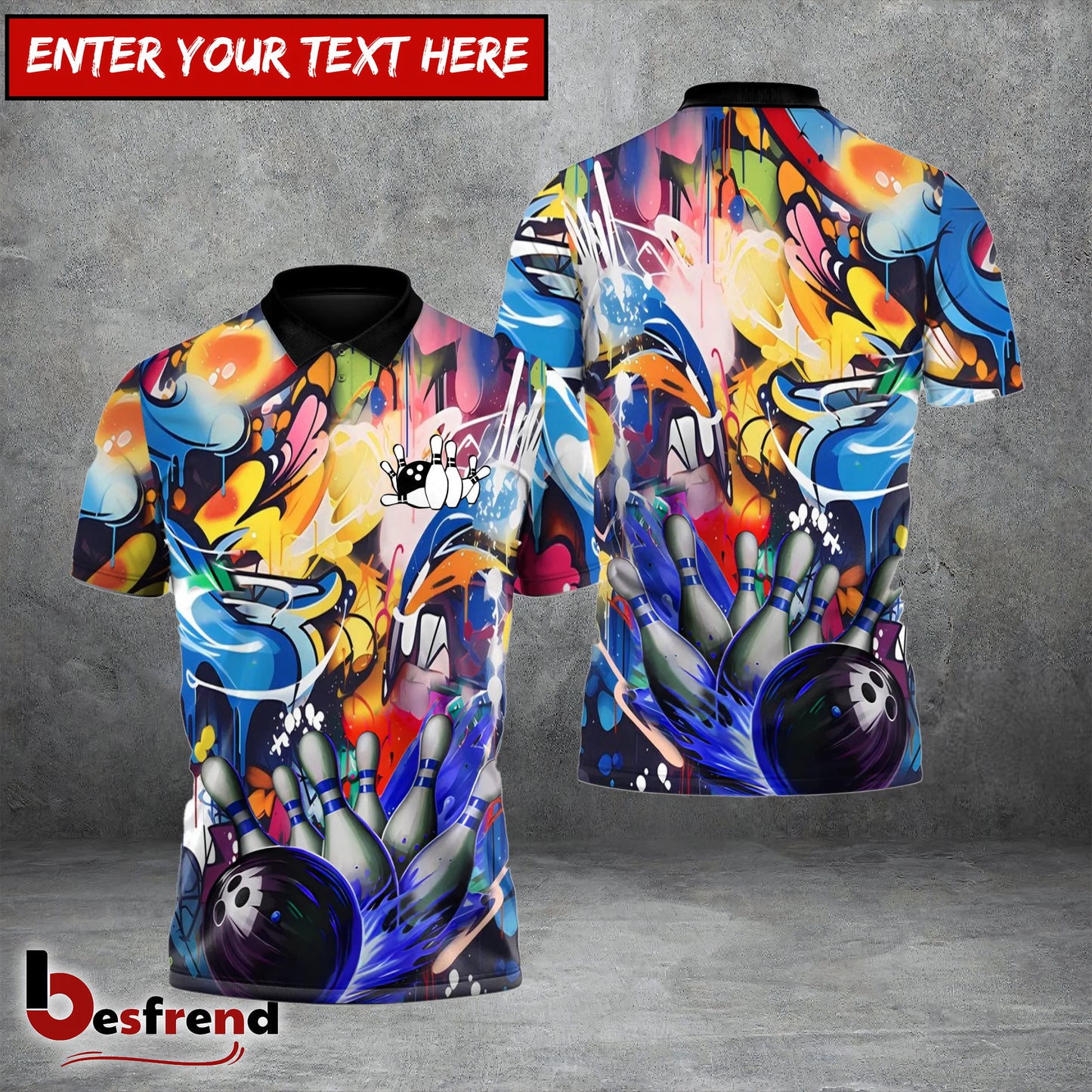 Besfrend Bowling and Pins Splatter Strike Custom Name Team Name 3D Shirt  Colors