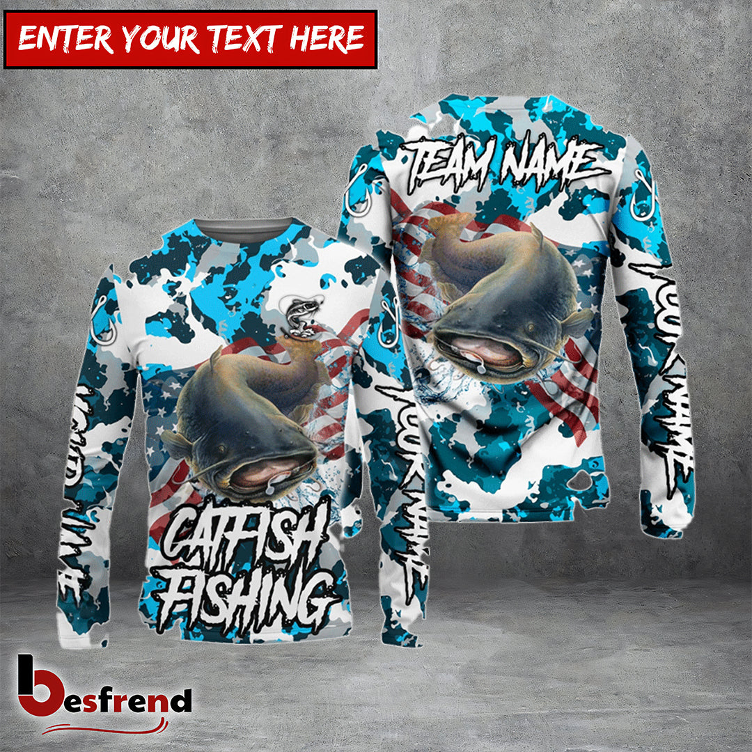 Besfrend Catfish Fishing American Flag Light Blue Camo Custom Name  Team Name 3D Shirts