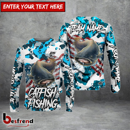 Besfrend Catfish Fishing American Flag Light Blue Camo Custom Name  Team Name 3D Shirts