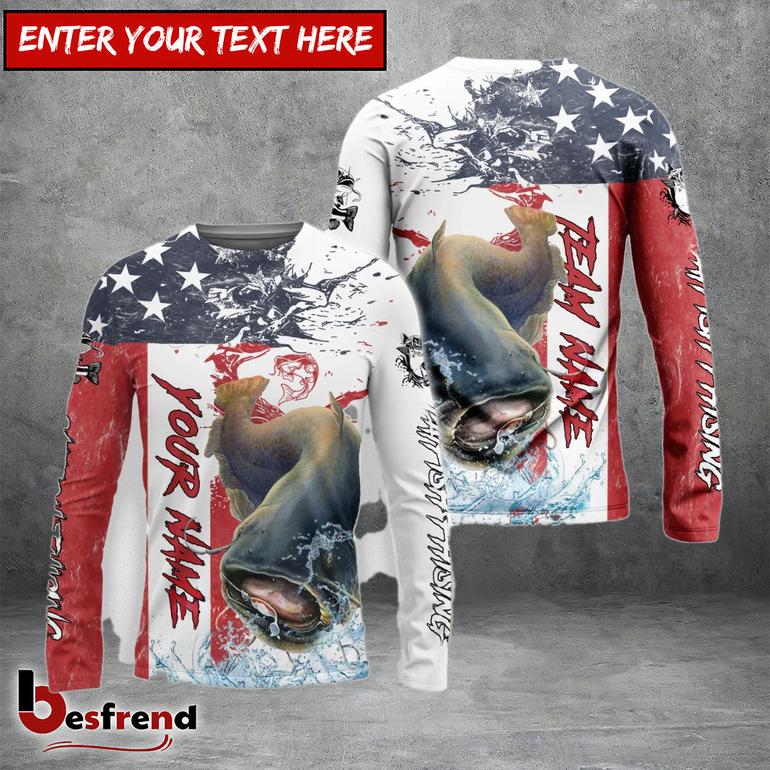 Besfrend Catfish Fishing American Flag Red Blue Seawave Custom Name  Team Name 3D Shirts