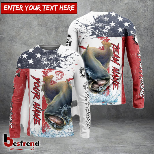 Besfrend Catfish Fishing American Flag Red Blue Seawave Custom Name  Team Name 3D Shirts