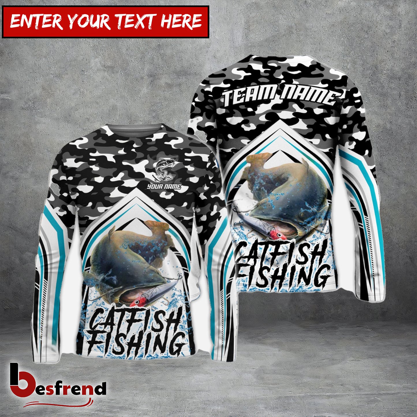 Besfrend Catfish Fishing Black Camo Sport Custom Name  Team Name 3D Shirts
