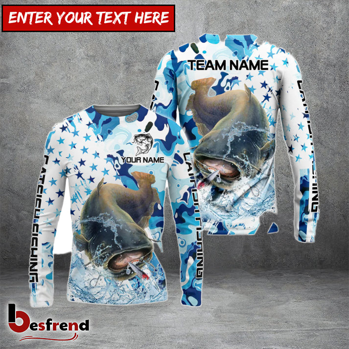 Besfrend Catfish Fishing Blue White American Flag Custom Name  Team Name 3D Shirts