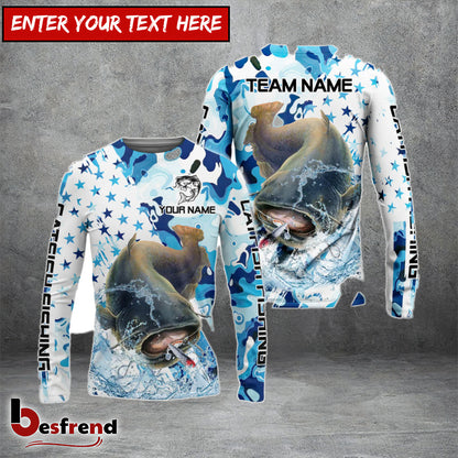 Besfrend Catfish Fishing Blue White American Flag Custom Name  Team Name 3D Shirts