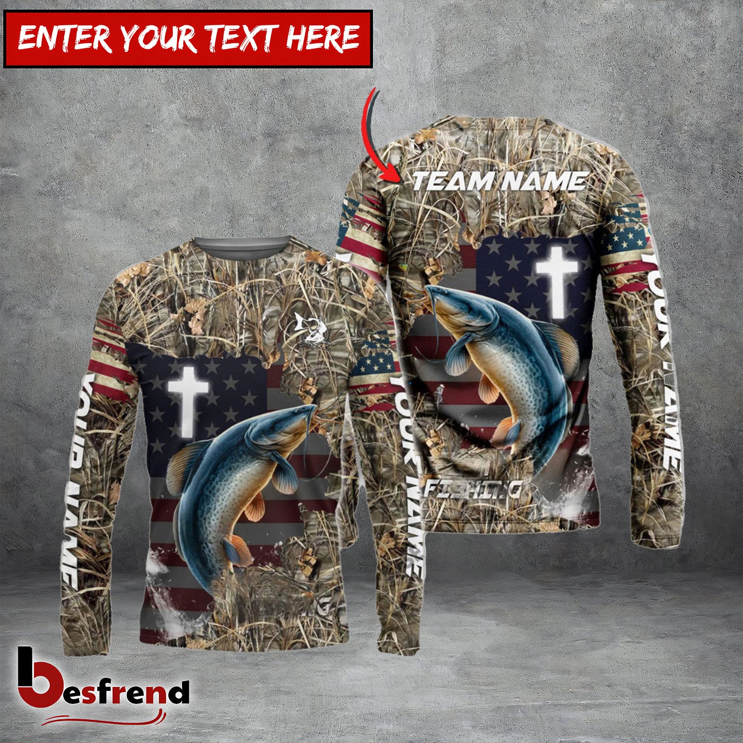 Besfrend Catfish Fishing Cross Camo Custom Name  Team Name 3D Shirts