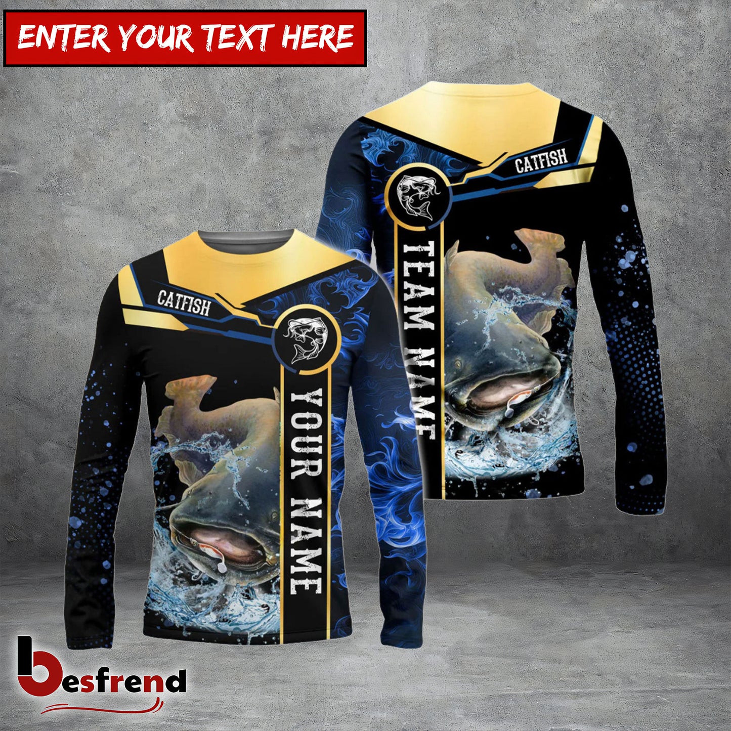 Besfrend Catfish Fishing Golden With Blue Flame Pattern Custom Name  Team Name 3D Shirts