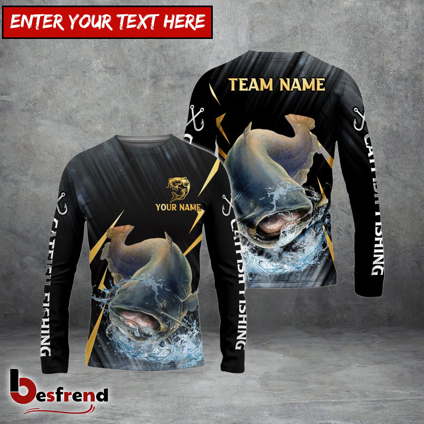 Besfrend Catfish Fishing Golden With Skinfish Pattern Custom Name  Team Name 3D Shirts
