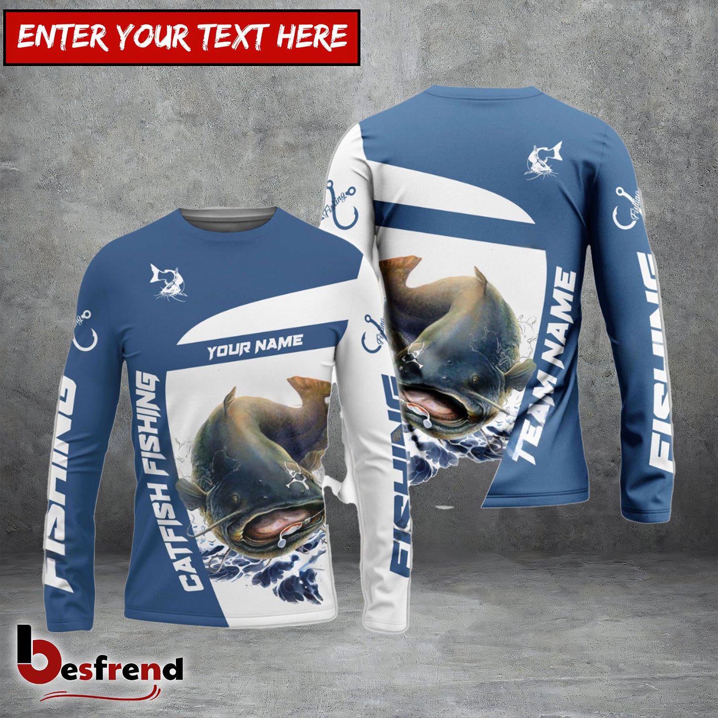 Besfrend Catfish Fishing Light Navy Sport Custom Name  Team Name 3D Shirts