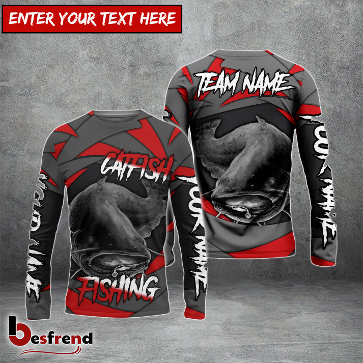 Besfrend Catfish Fishing Red Gray Spinning Pattern Custom Name  Team Name 3D Shirts