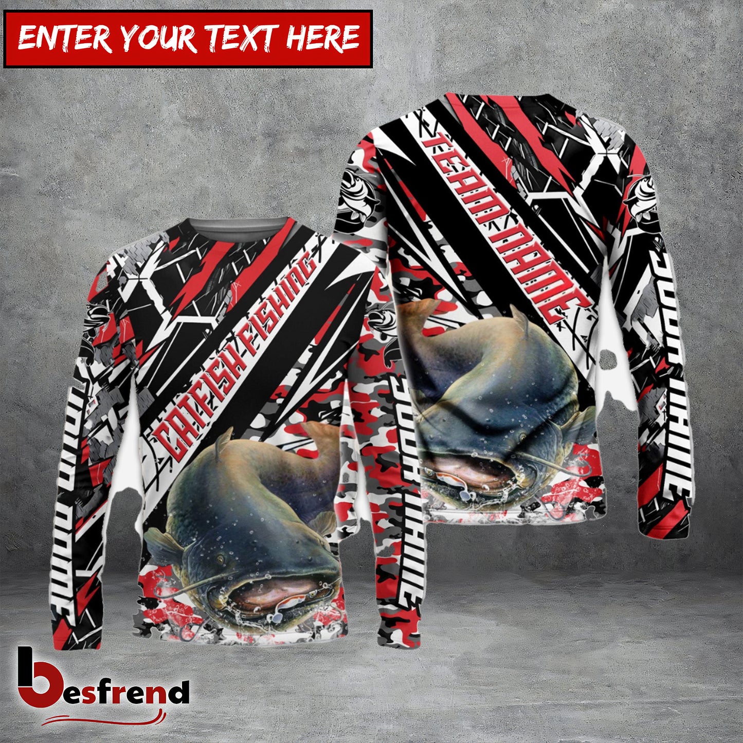 Besfrend Catfish Fishing Red Grunge Camo Custom Name  Team Name 3D Shirts