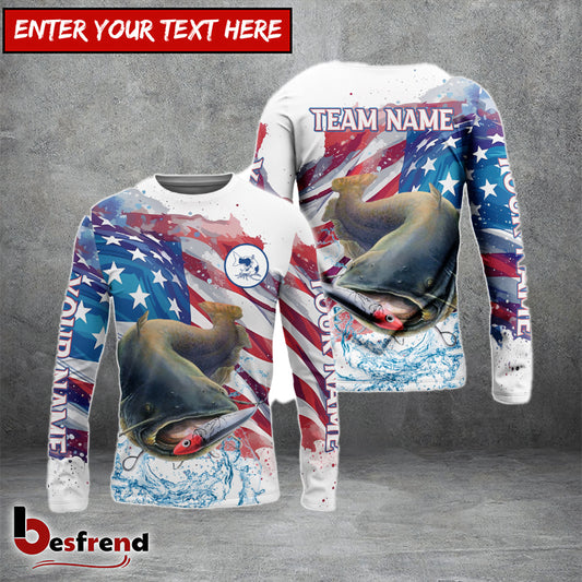 Besfrend Catfish Fishing Watercolor USA Flag Custom Name  Team Name Shirts