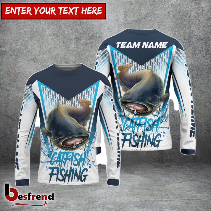 Besfrend Catfish Fishing White Blue Camo Sport Custom Name  Team Name 3D Shirts