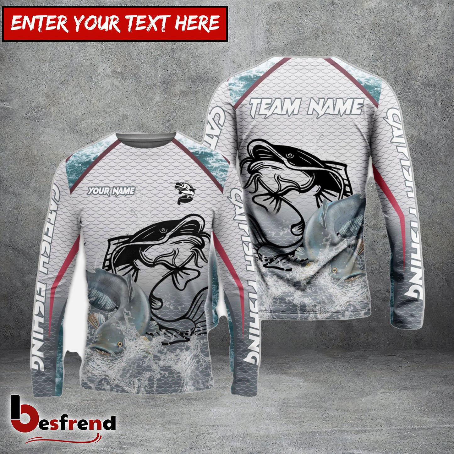 Besfrend Catfish Fishing White Fin Water Silhouette Sport Custom Name  Team Name 3D Shirts