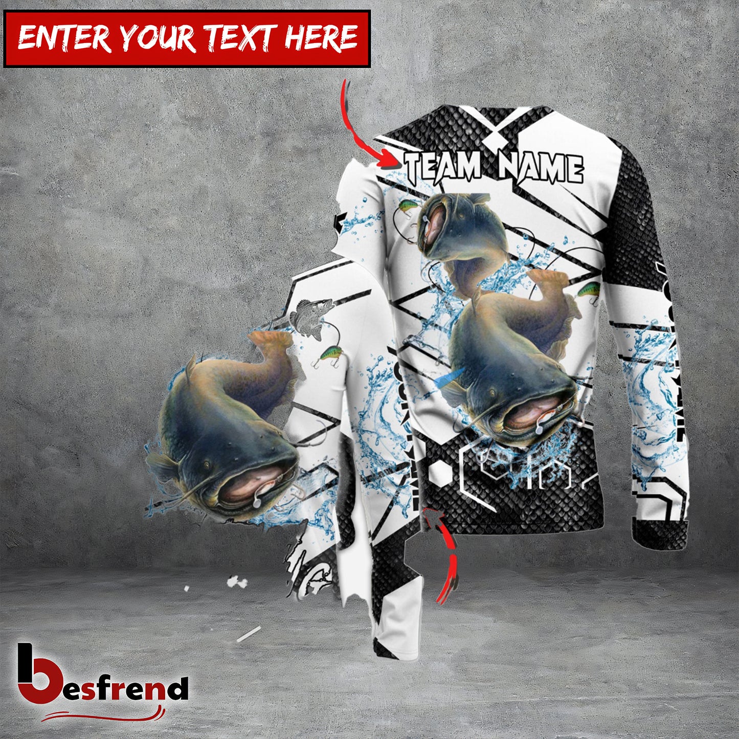 Besfrend Catfish Fishing White Gray Black Hexagon Sport Custom Name  Team Name 3D Shirts