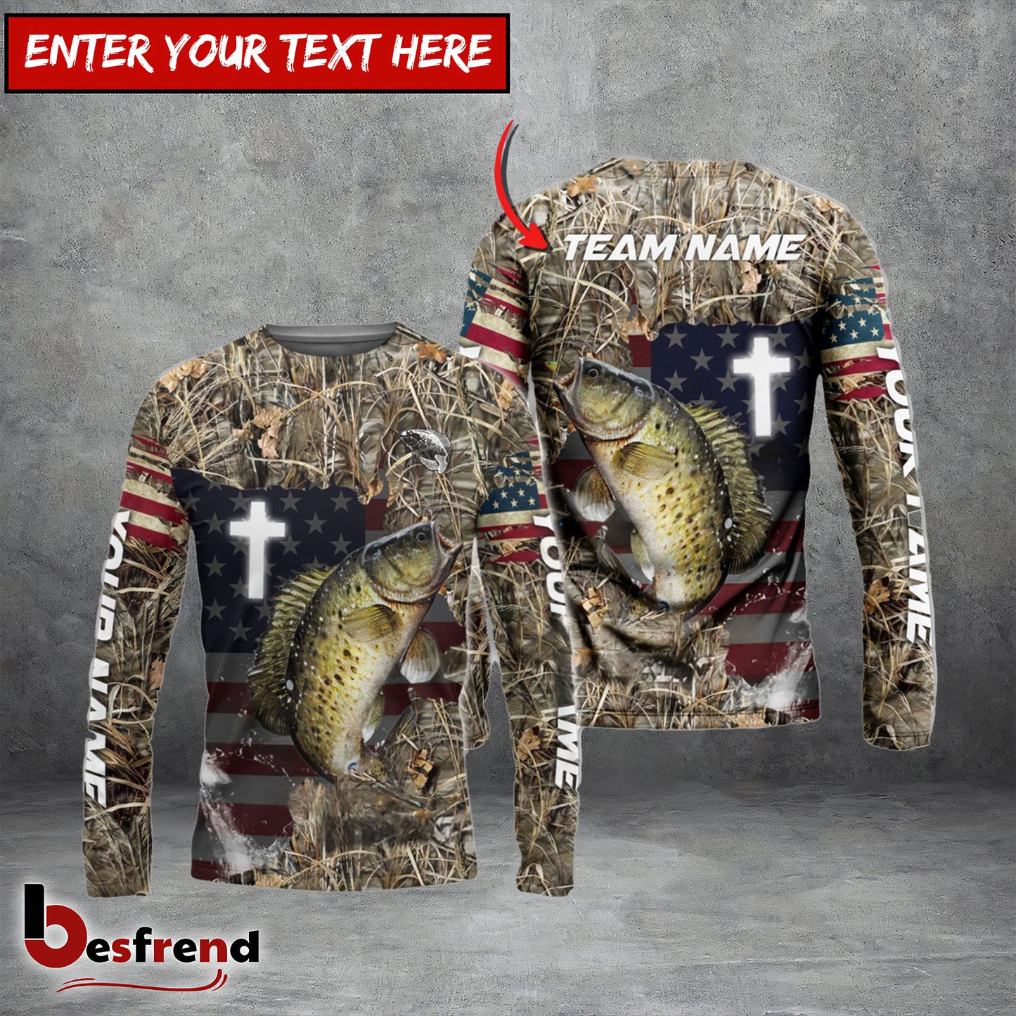 Besfrend Crappie Fishing Cross Camo Custom Name  Team Name 3D Shirts