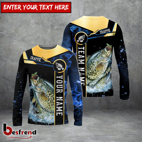Besfrend Crappie Fishing Golden With Blue Flame Pattern Custom Name  Team Name 3D Shirts