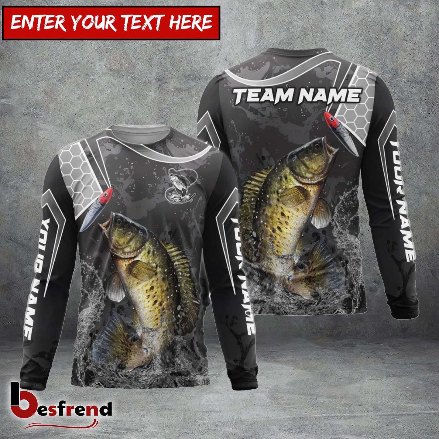 Besfrend Crappie Fishing Gray Camo Sport Custom Name  Team Name 3D Shirts