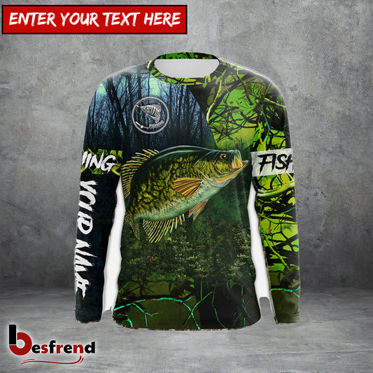 Besfrend Crappie Fishing Green Camo Custom Name Performance Long Sleeve  Fishing Shirts
