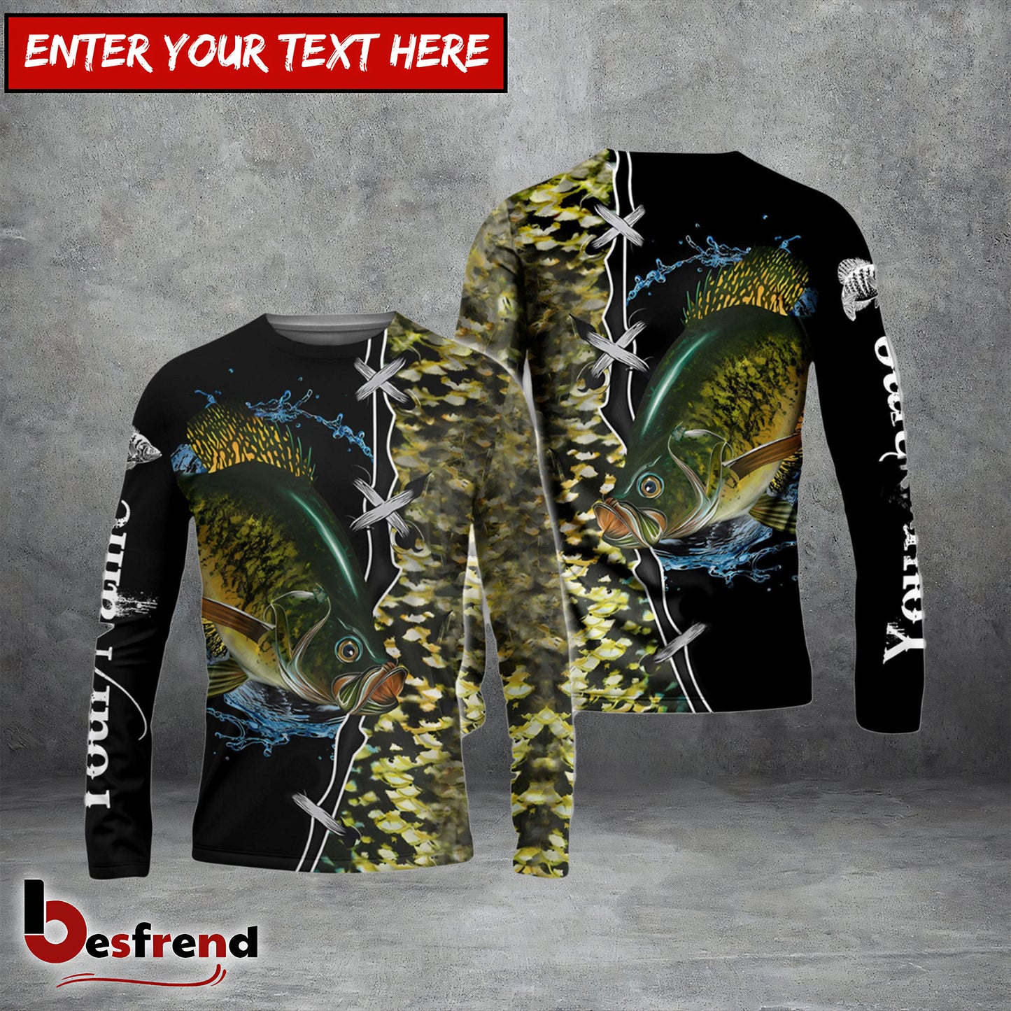 Besfrend Crappie Fishing Green Scale Customize Name Performance Long Sleeve Fishing Shirts