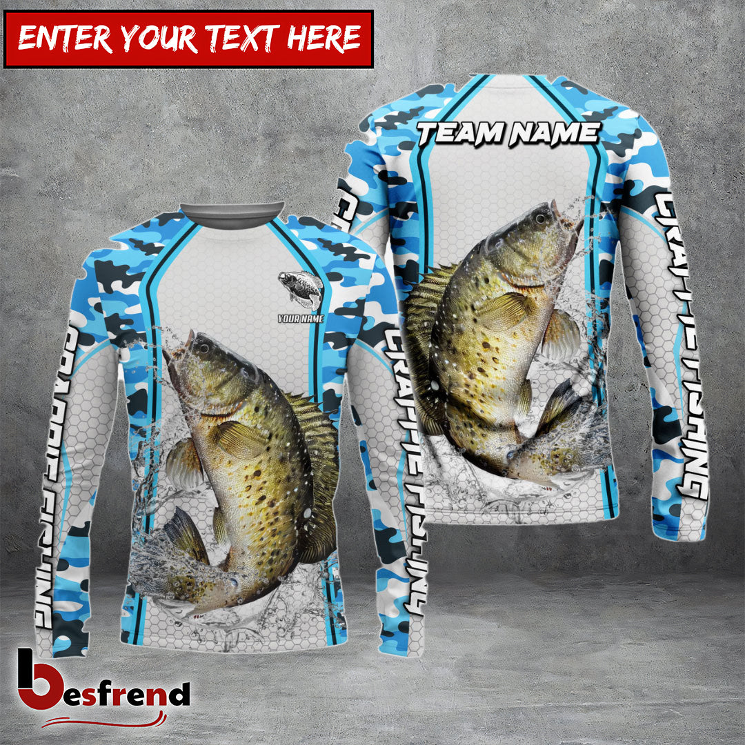 Besfrend Crappie Fishing Light Blue Camo Sport Custom Name  Team Name 3D Shirts