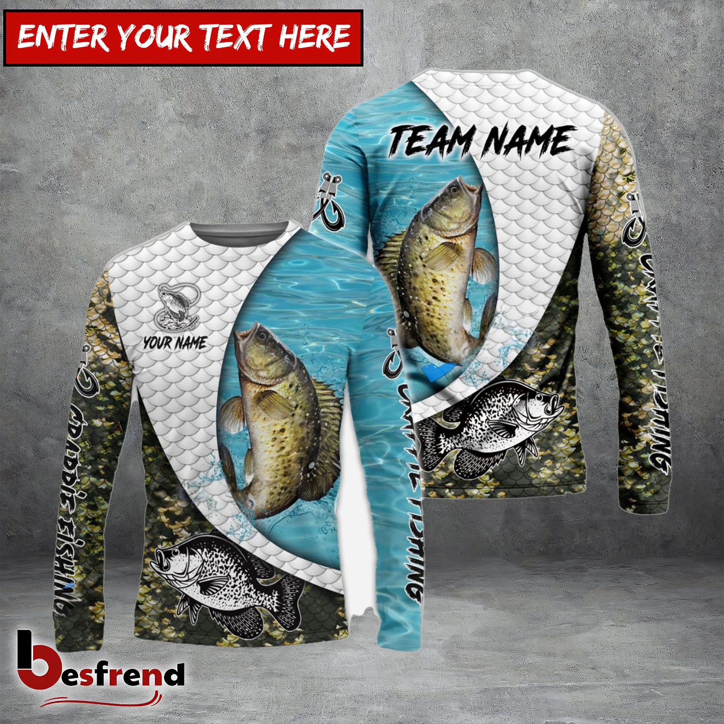 Besfrend Crappie Fishing White Skin Diagonal Custom Name  Team Name 3D Shirts