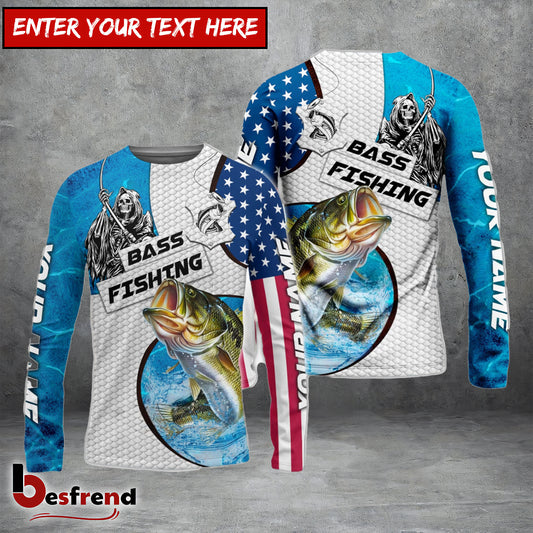 Besfrend Customize Name Bass Fishing Reaper Blue Water 3D Shirts