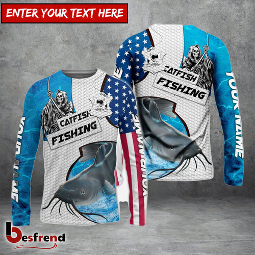 Besfrend Customize Name Catfish Fishing Reaper Blue Water 3D Shirts