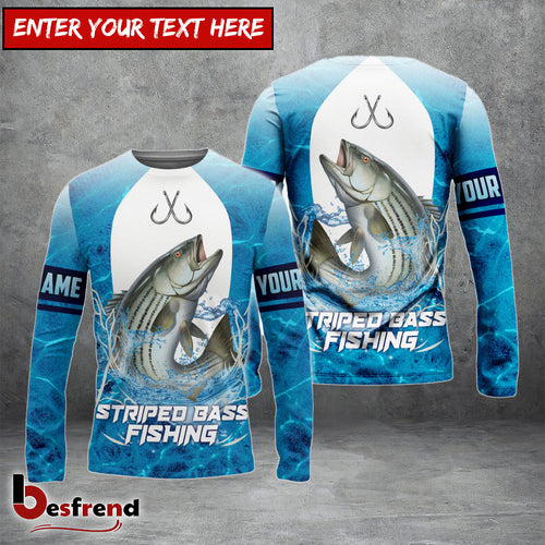 Besfrend Customize Name Striped Bass Fishing Blue Wave 3D Shirts