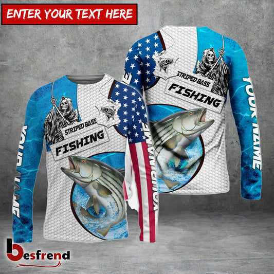 Besfrend Customize Name Striped Bass Fishing Reaper Blue Water 3D Shirts
