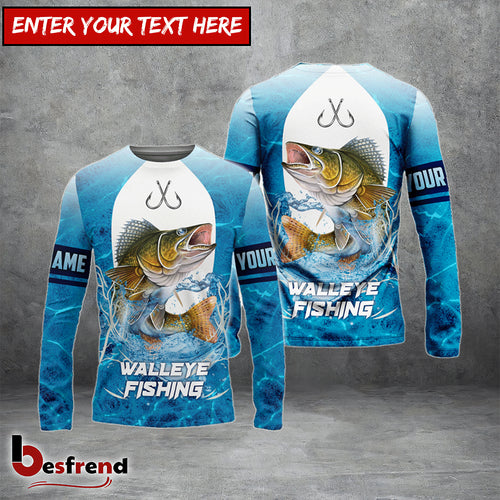 Besfrend Customize Name Walleye Fishing Blue Wave 3D Shirts