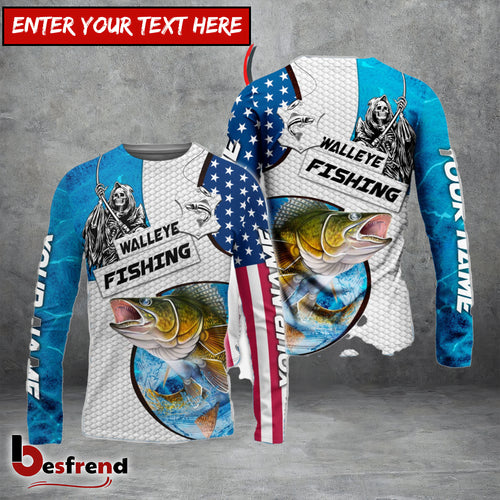 Besfrend Customize Name Walleye Fishing Reaper Blue Water 3D Shirts