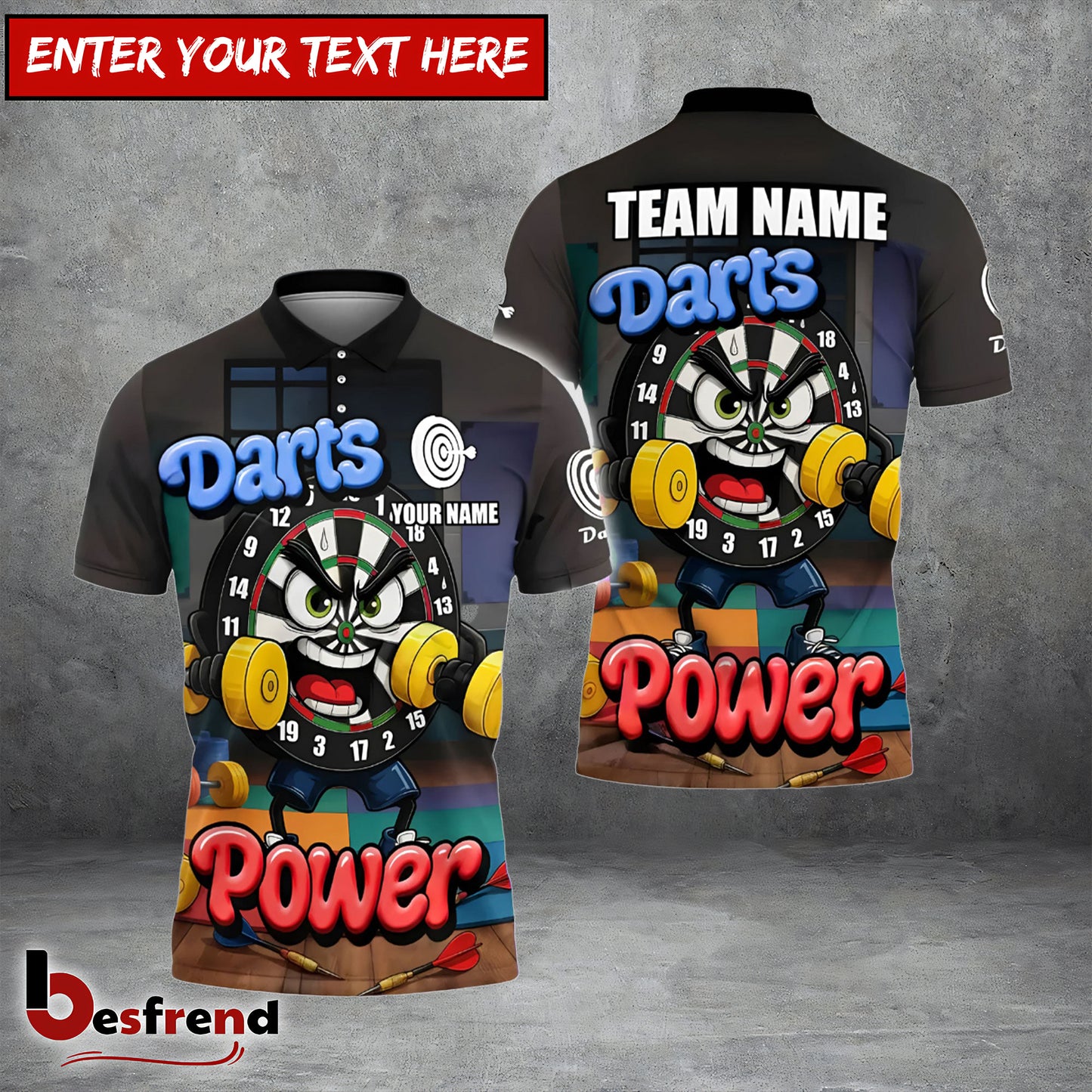Besfrend Darts Power Gym-Themed Cartoon Personalized Name Team Name Shirt