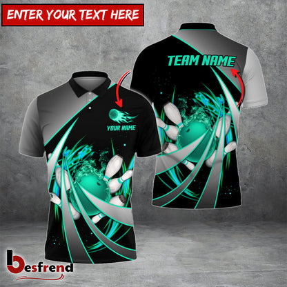 Besfrend Flame Bowling And Pins Tornado Pattern Multicolor Customized Name 3D Shirt