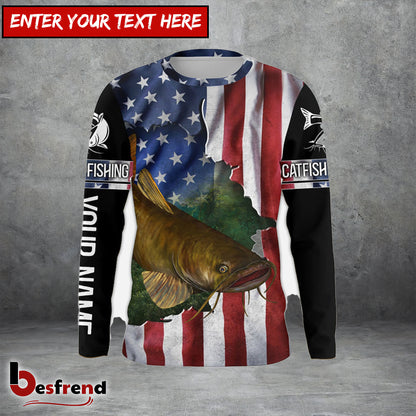 Besfrend Flathead Catfish Fishing American Flag Patriotic Personalized Catfish Long Sleeve Fishing Shirts