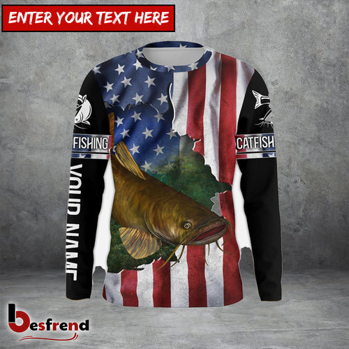 Besfrend Flathead Catfish Fishing American Flag Patriotic Personalized Catfish Long Sleeve Fishing Shirts