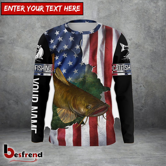 Besfrend Flathead Catfish Fishing American Flag Patriotic Personalized Catfish Long Sleeve Fishing Shirts