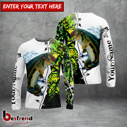 Besfrend Largemouth Bass Fishing Green Camouflage Custom Name Performance Long Sleeve Fishing Shirts