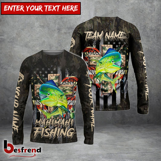Besfrend Mahi-mahi Fishing American Flag Camo Cross Gear Custom Name  Team Name 3D Shirts