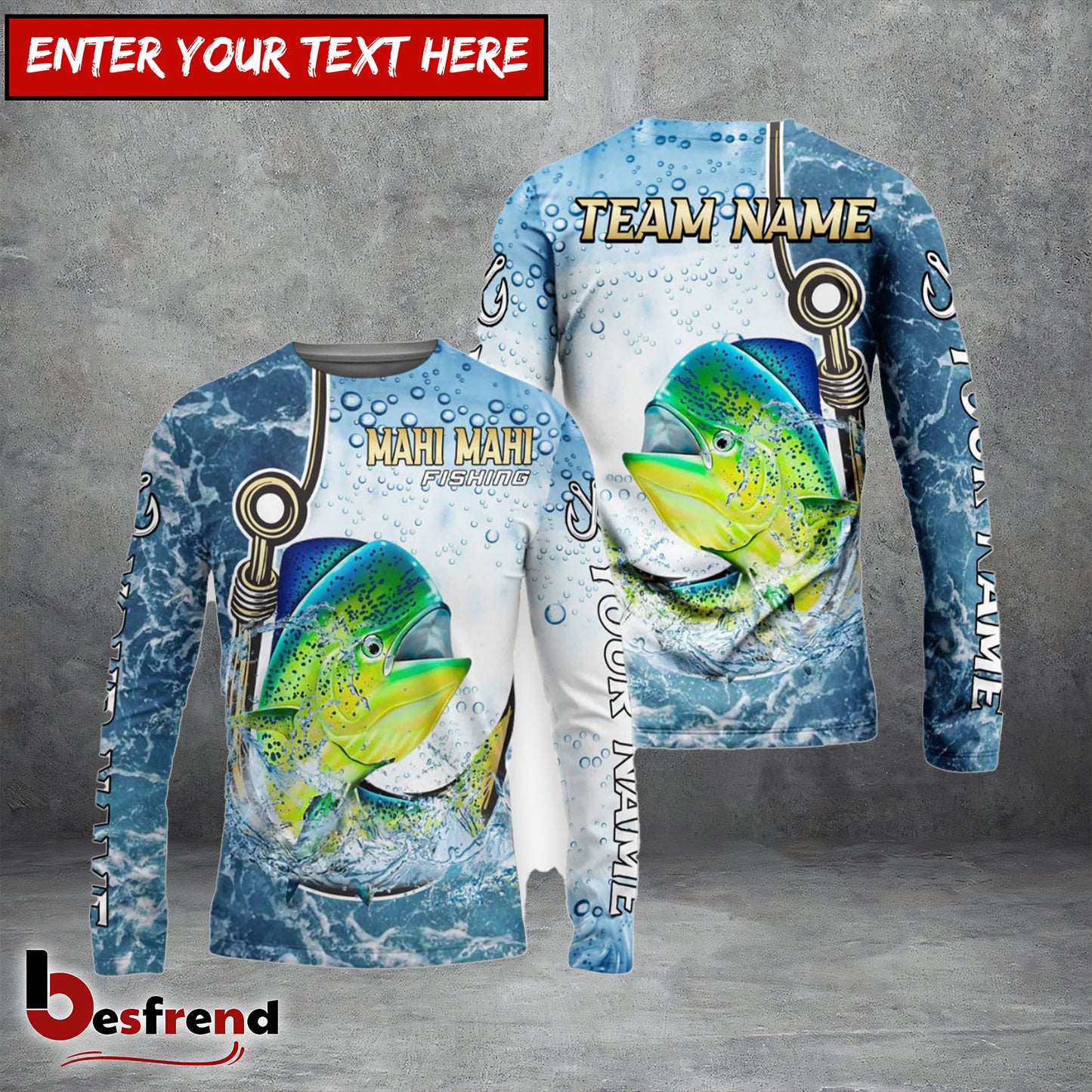 Besfrend Mahi-mahi Fishing Golden Hook Graphic Sport Custom Name  Team Name 3D Shirts