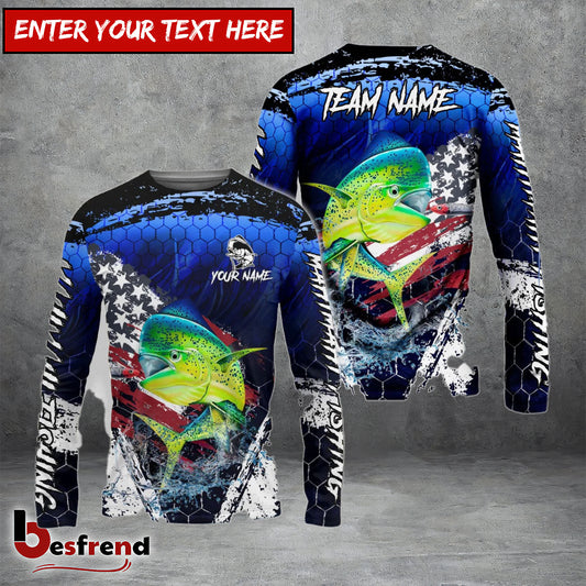 Besfrend Mahi Mahi Fishing Dark Blue Scratch American Flag scratch Sport Custom Name  Team Name 3D Shirts