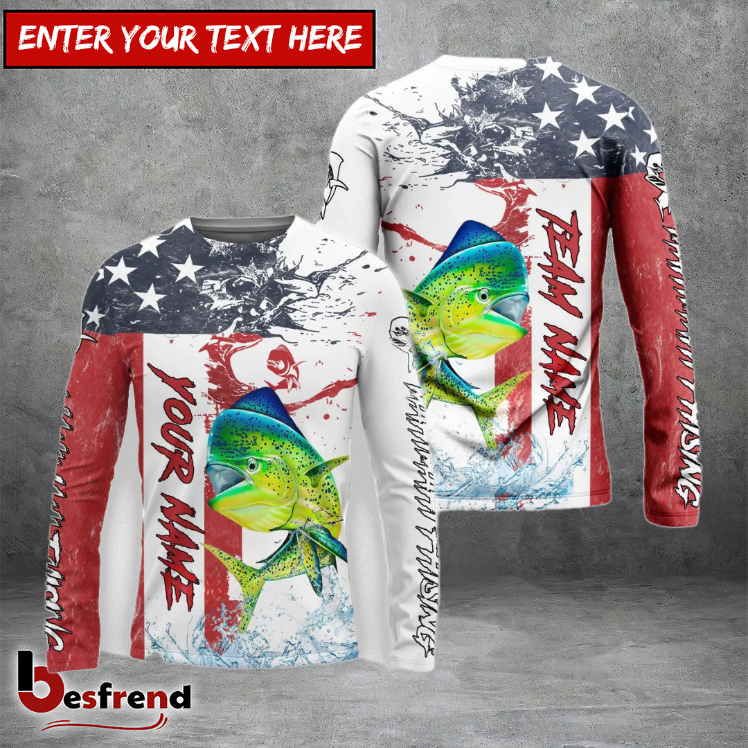 Besfrend Mahi mahi Fishing American Flag Red Blue Seawave Custom Name  Team Name 3D Shirts