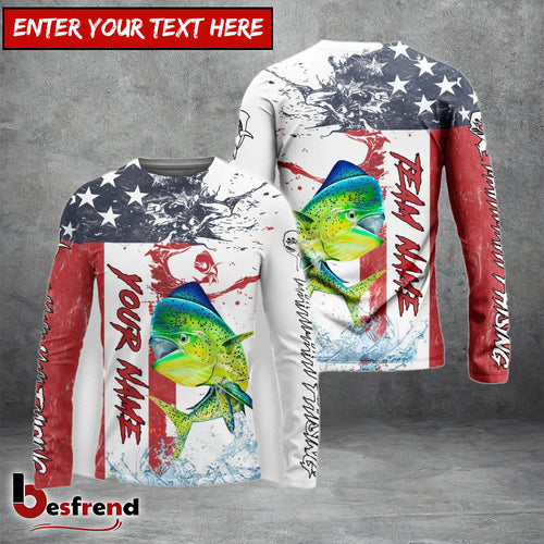 Besfrend Mahi mahi Fishing American Flag Red Blue Seawave Custom Name  Team Name 3D Shirts