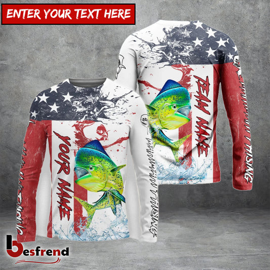 Besfrend Mahi mahi Fishing American Flag Red Blue Seawave Custom Name  Team Name 3D Shirts