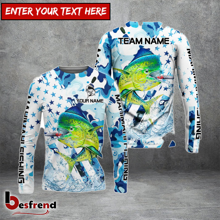 Besfrend Mahimahi Fishing Blue White American Flag Custom Name  Team Name 3D Shirts
