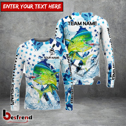 Besfrend Mahimahi Fishing Blue White American Flag Custom Name  Team Name 3D Shirts