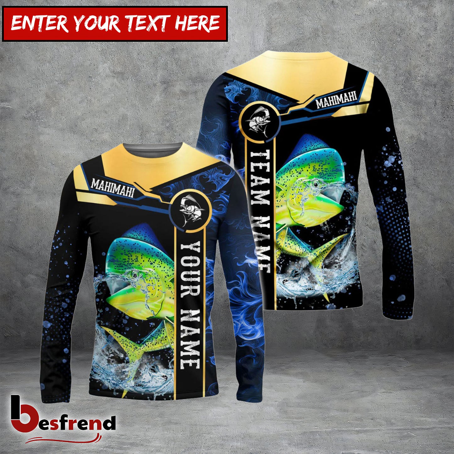 Besfrend Mahimahi Fishing Golden With Blue Flame Pattern Custom Name  Team Name 3D Shirts