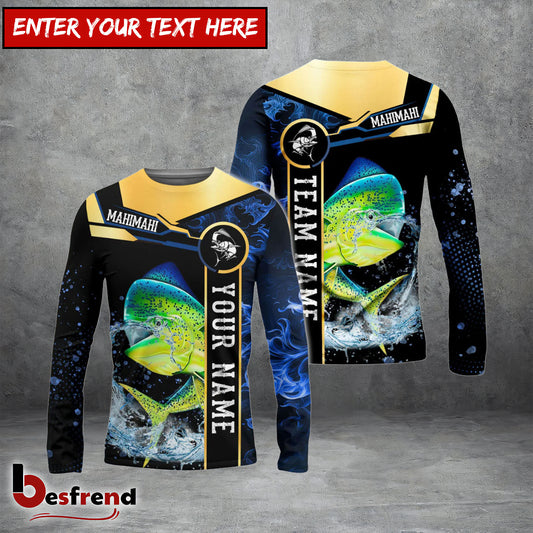 Besfrend Mahimahi Fishing Golden With Blue Flame Pattern Custom Name  Team Name 3D Shirts