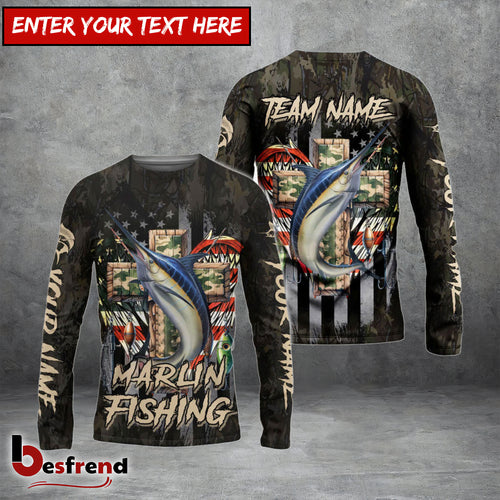 Besfrend Marlin Fishing American Flag Camo Cross Gear Custom Name  Team Name 3D Shirts