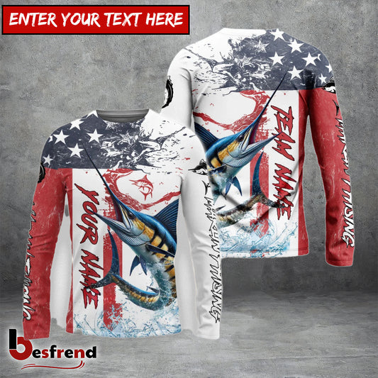 Besfrend Marlin Fishing American Flag Red Blue Seawave Custom Name  Team Name 3D Shirts